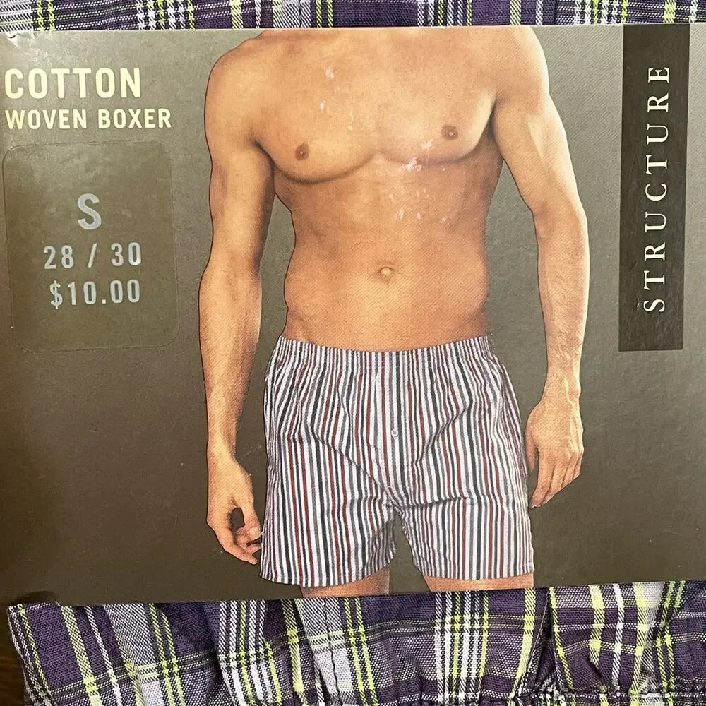 Vintage Structure Boxer Men Small 28/30 Cotton Woven Purple Plaid NOS Sears READ